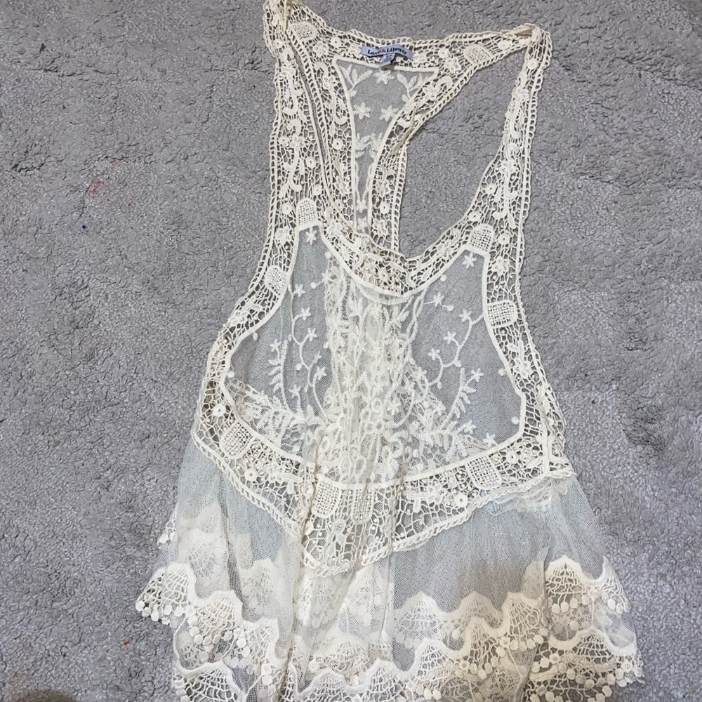 Tan cream lace c through blouse swim coverup